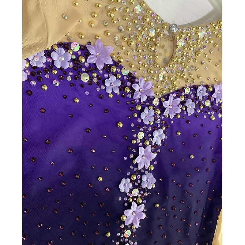 Figure Skating Dress Women's Girls' Ice Skating Dress Purple Dark Blue Thumbhole Halo Dyeing Mesh Spandex Stretchy Training Practice Professional Skating Wear Thermal Warm Classic Crystal / Rhinestone4