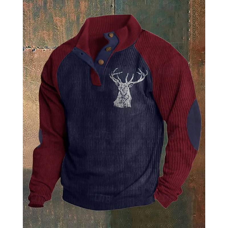 Men's Sweatshirt khaki&black Black Army Green Navy Blue Brown Standing Collar Color Block Reindeer Patchwork Sports & Outdoor Daily Holiday Polyester Corduroy Streetwear Basic Casual Spring &  Fall4