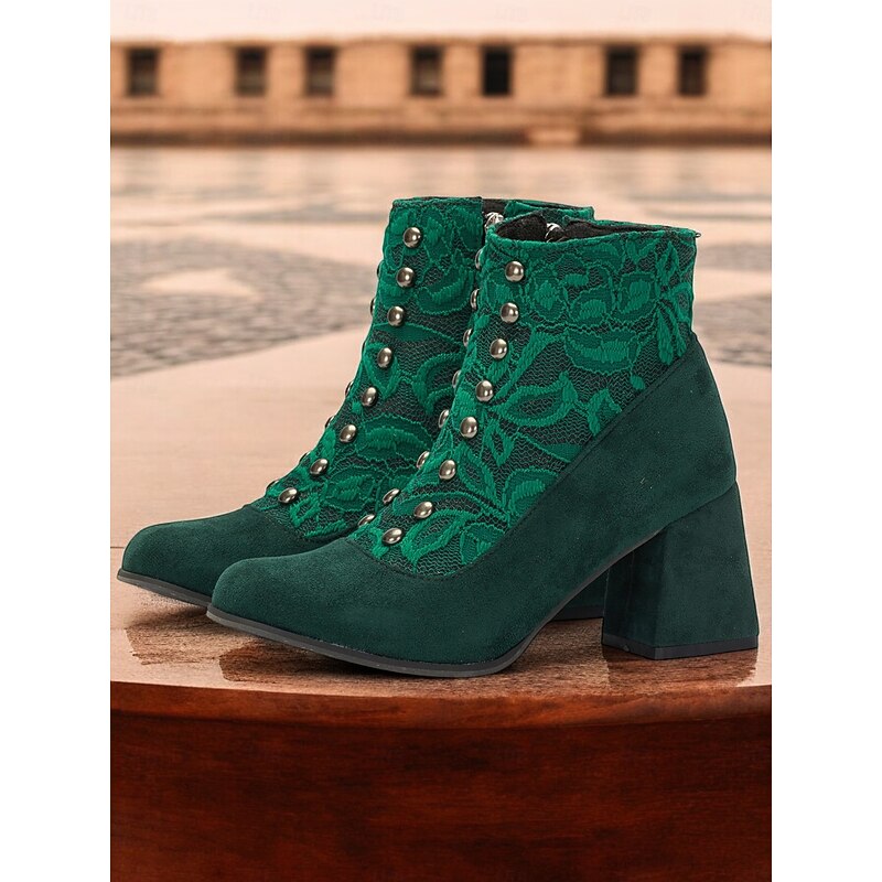 Women's Green Faux Suede Ankle Boots with Snap-Button, Lace Overlay and Side Zipper – Vintage-Inspired Design with Block Heel, Perfect for Elegant Outfits and Special Occasions3
