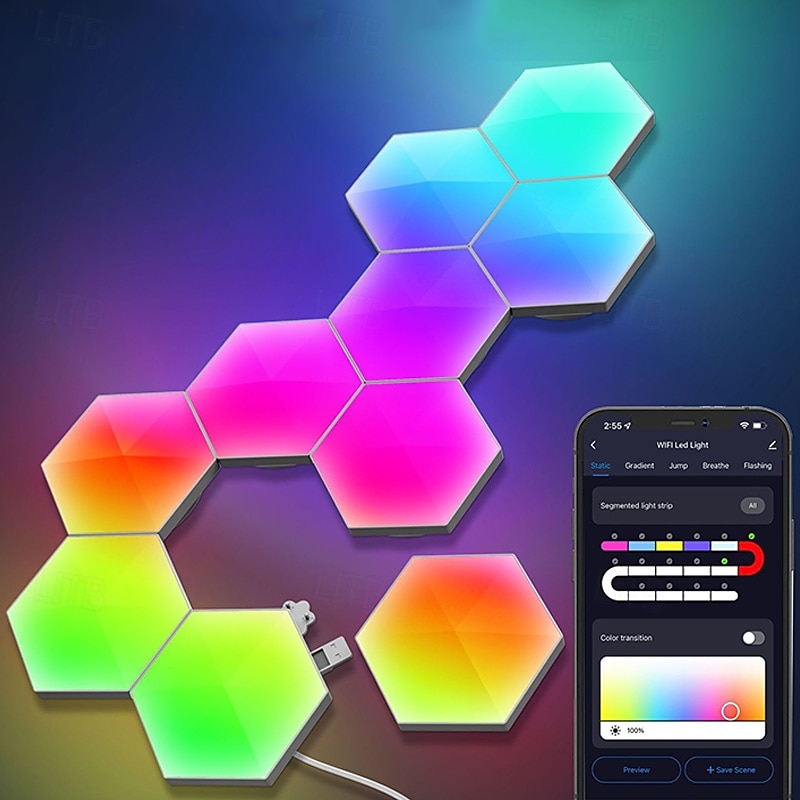 Hexagonal LED Glow Lights, RGBIC Hexagon LED Wall Lights, Wi-Fi Smart Home Creative Wall Lights with Music Sync, Works with Alexa Google Assistant, Remote APP Music Control USB, 3/6/10 Packs2