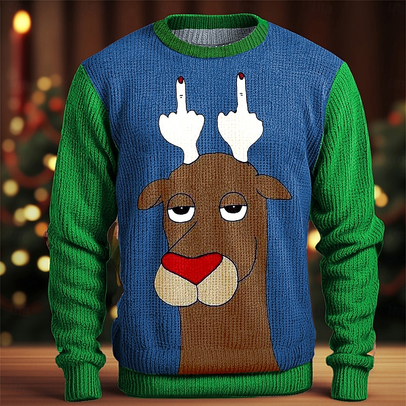 Ugly Christmas Sweater Men's Funny Sweaters Gesture Deer Pullover Jumper Knitting Thermal Party Evening New Years Eve Long Sleeve Crewneck Fall Winter Red Blue Green S M L4