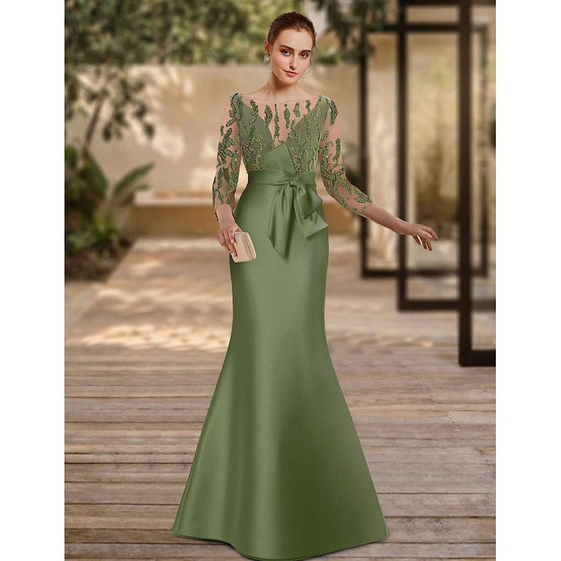Mermaid Mother of the Bride Evening Gown Elegant Dress Formal Floor Length 3/4 Length Sleeve Illusion Neck Satin with Appliques