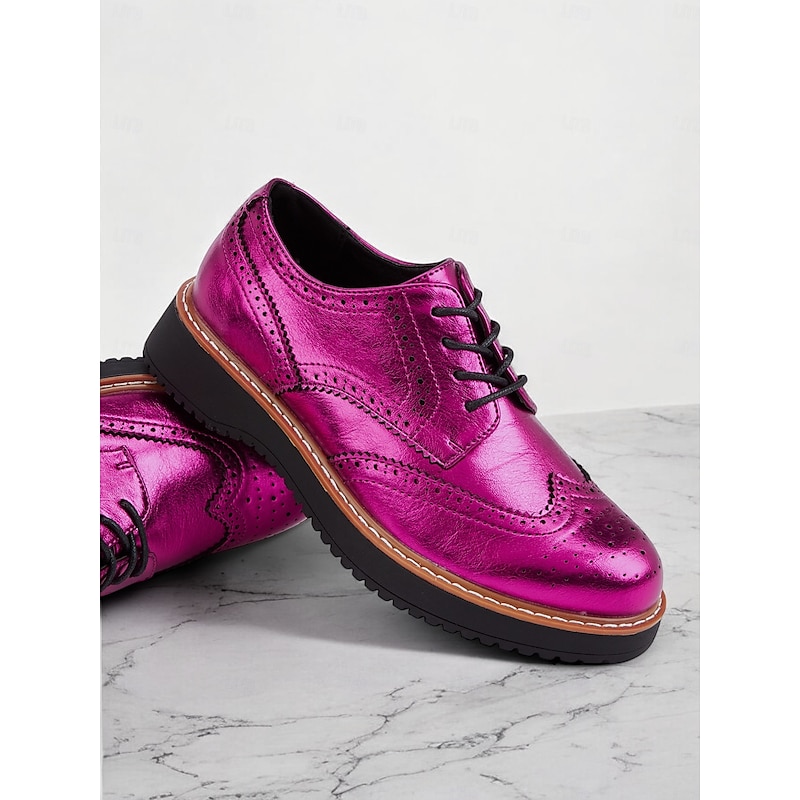 Women's Metallic Pink Brogue Oxford Shoes with Wingtip Design, Lace-Up Casual Dress Shoes for Parties and Fashion Events4