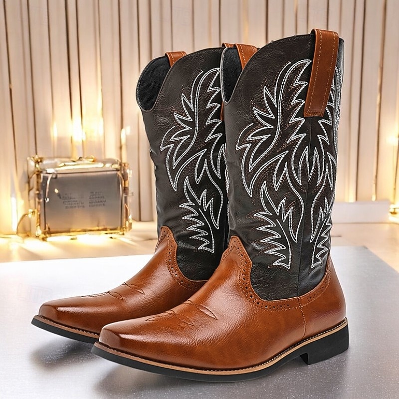 Men's Two-Tone Western Cowboy Boots – Vintage Style with Embroidered Shaft, Brown and Black  Faux Leather, Perfect for Rodeo or Casual Wear