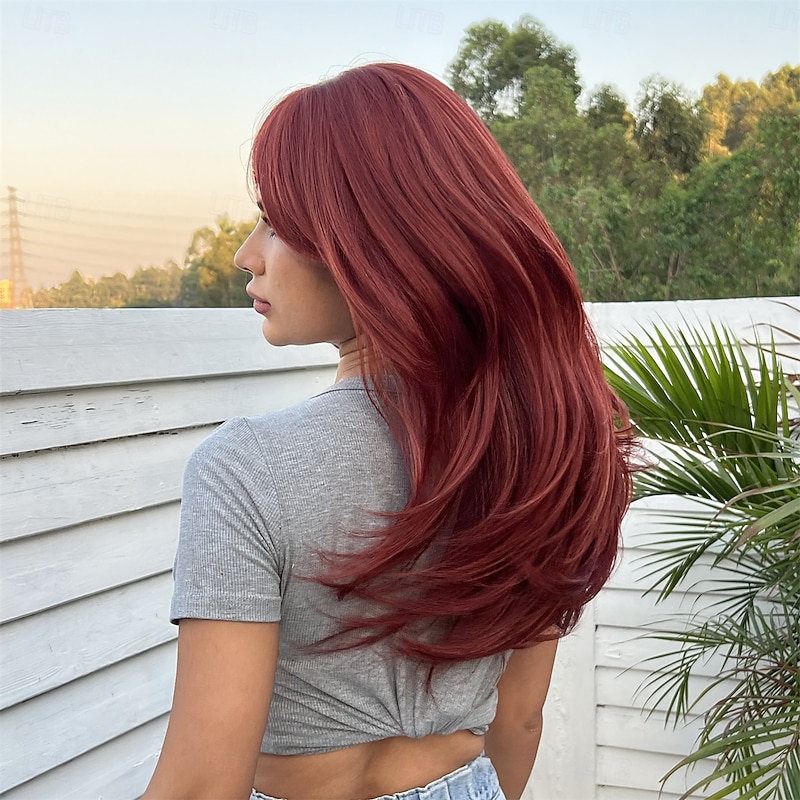 Synthetic Wig Uniforms Career Costumes Princess Straight kinky Straight Middle Part Layered Haircut Machine Made Wig 22 inch Brown / Burgundy Synthetic Hair Women's Cosplay Party Fashion Burgundy4