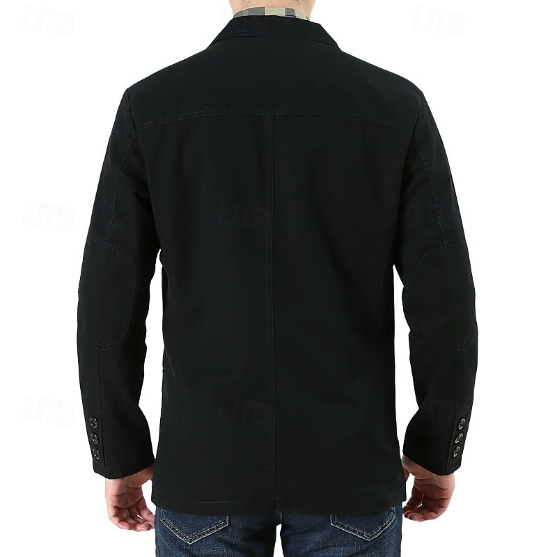 Men's Blazer Business Cocktail Party Wedding Party Fashion Casual Spring &  Fall 100% Cotton Solid Color Pocket Buttons Comfortable Single Breasted Blazer Black Green khaki2