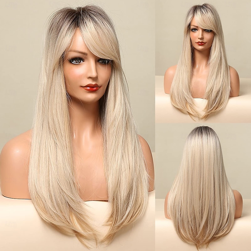 Long Blonde Wig with Bangs - Ombre Dark Root Blonde Wigs for White Women, Striaght Wavy Synthetic Heat Resistant Hair, Natural Cute Wigs for Halloween/Christmas/Cosplay/Party