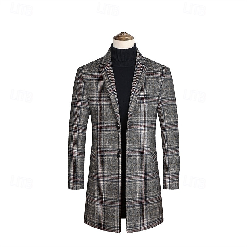 Men's Wool Coat Overcoat Trench Coat Long Trench Coat Daily Vacation Fall & Winter Polyester Thermal Warm Windproof Outerwear Clothing Apparel Fashion Classic Plaid Pocket Lapel Single Breasted