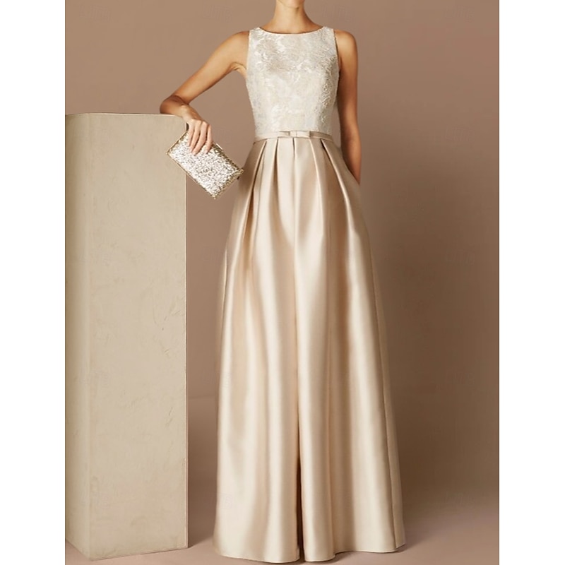 Beach Wedding A-Line Evening Gown Elegant Dress Formal Evening Floor Length Sleeveless Jewel Neck Fall Wedding Guest Satin with Sash / Ribbon Pleats Appliques