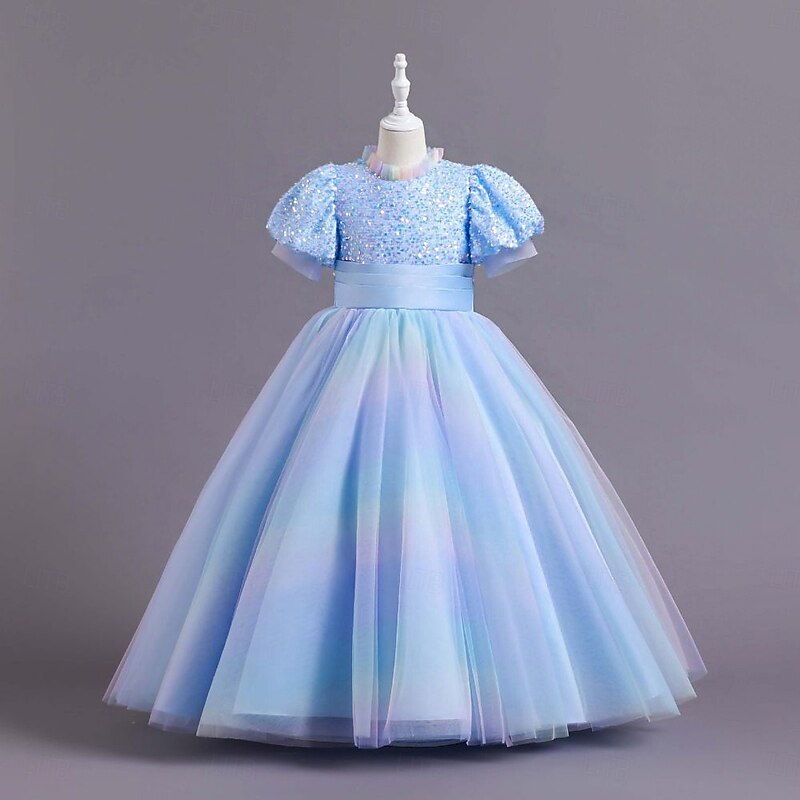 Kids Girls' Party Dress Solid Color Short Sleeve Special Occasion Princess Polyester Party Dress Summer Spring 2-12 Years 4 years+ Champagne Pink Blue