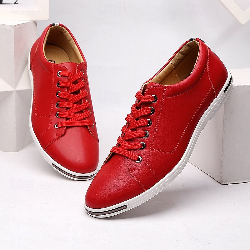 Men's Red Lace-Up Casual Sneakers with White Sole - Stylish Faux Leather Shoes for Everyday Wear3