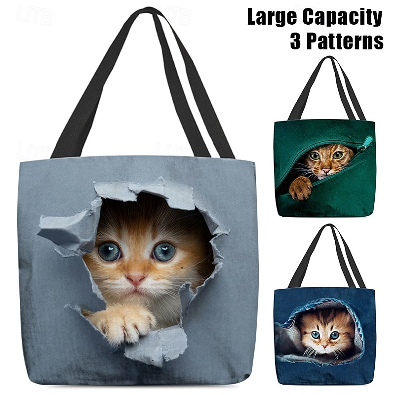 Women's Cute Kitten Print Tote Bag - Durable Canvas Shopping Bag with 3D Cat Design for Cat Lovers and Everyday Use