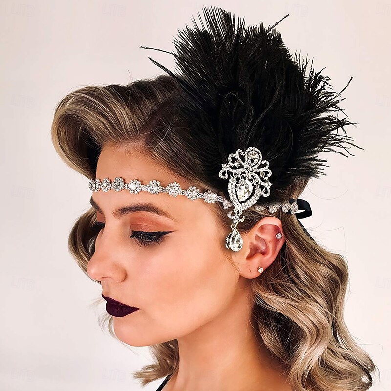1920s Gatsby Black Feather and Rhinestone Headband for Women – Vintage Flapper Style Accessory for Costume Parties, Weddings, and Retro-Themed Events