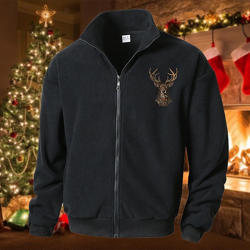 Men's Polar Fleece Jacket Casual Jacket Daily Vacation Warm Pocket Fall & Winter Reindeer Fashion Casual Stand Collar Regular Black Green Beige Gray Jacket2