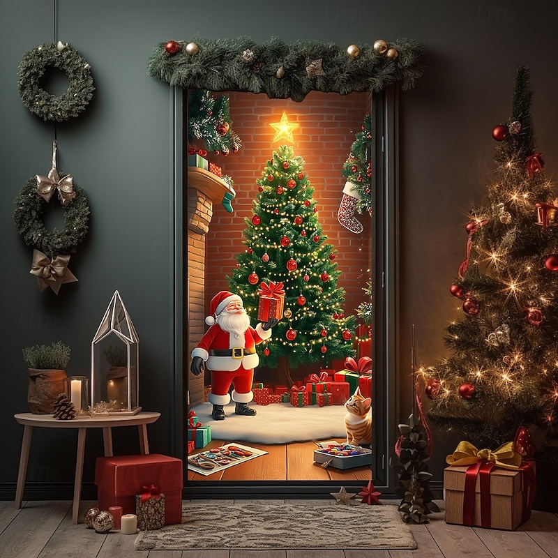 Christmas Door Decorations Door Covers Fireplace Xmas Door Tapestry Door Curtain Decoration Backdrop Indoor/Outdoor Door Banner for Front Door Farmhouse 9