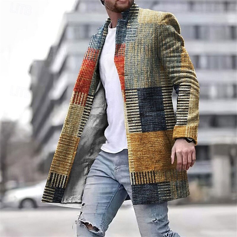 Men's Plaid Geometry Winter Coat Overcoat Coat Warm Comfortable Breathable Business Casual Work Wear to work Going out Pocket Print Fall & Winter Stand Collar Long Sleeve Yellow Blue