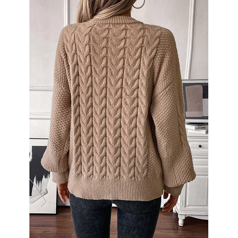Women's Sweater Fashion Daily Casual Solid Color Cable Crew Neck Knitted Lantern Sleeve Long Sleeve Long Tops Knit Work White Light Brown Fall Winter2