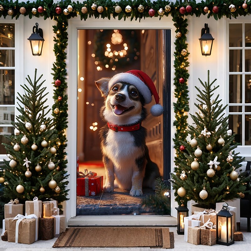 Christmas Door Decorations Door Covers Cute Dog Door Tapestry Door Curtain Decoration Backdrop Door Banner for Front Door Farmhouse Christmas Holiday Party Decor Supplies Gift Indoor/Outdoor