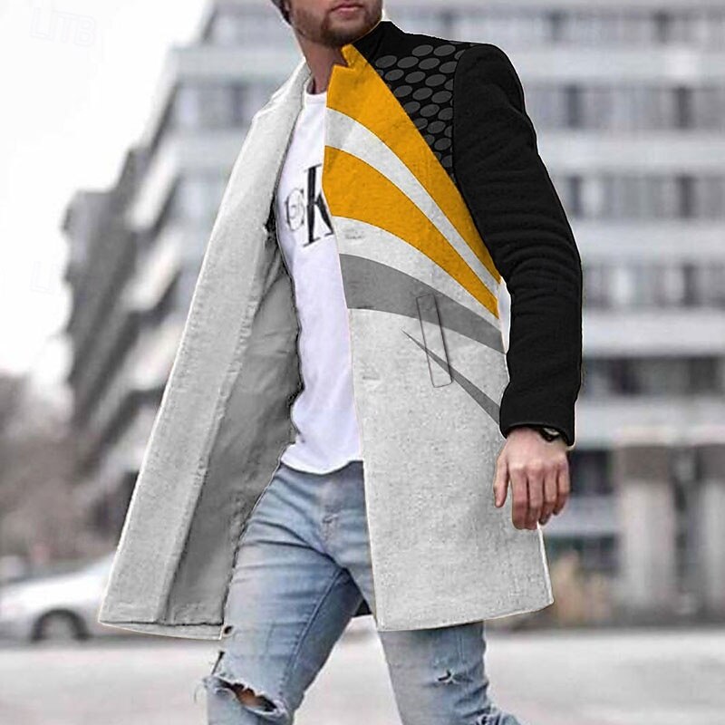 Men's Winter Coat Overcoat Coat Daily Wear Vacation With Pockets Print Front Pocket Fall & Winter Geometic Streetwear Sport Turndown Regular Yellow Red Blue Green Jacket2