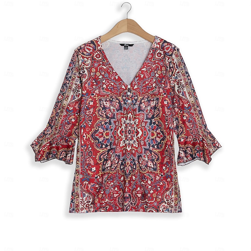 Women's T Shirt Henley Shirt Floral Vintage Ethnic Daily Basic 3/4 Length Sleeve V Neck Regular Tops Holiday Weekend Buttons Print Red Purple Green Khaki Gray Fall & Winter2