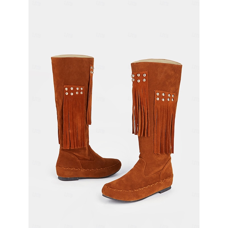 Women's Faux Suede Fringe Boots with Studded Details – Retro Western Style Knee-High Moccasin Boots for Casual or Festival Wear4