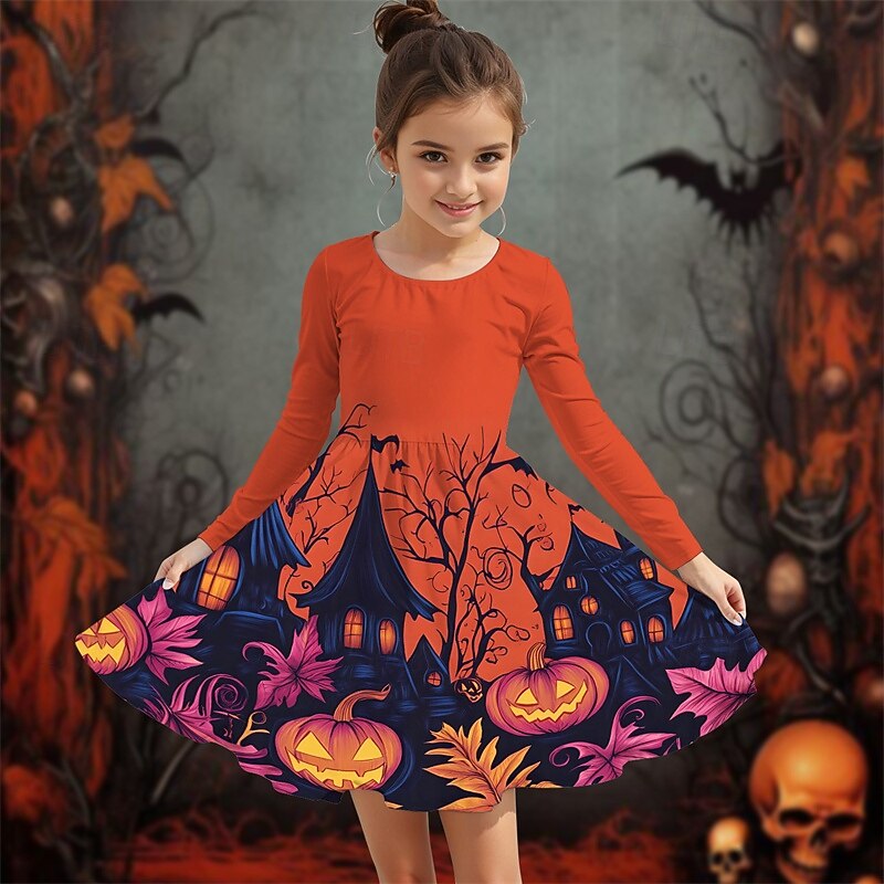 Halloween Girls' 3D Graphic Halloween pumpkin Dress Long Sleeve Summer Spring Daily Holiday Vacation Beautiful Halloween Custome Kids 4-12 Years Casual Dress A Line Dress Knee-length Polyester3