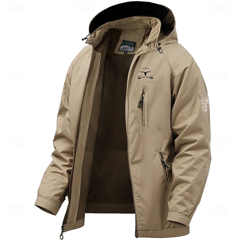 Men's Graphic Cow Print Jacket Raincoat Shell Jacket Waterproof Lightweight Casual Sports Outdoor Camping & Hiking Embroidered Side Pockets Zip Front Fall Winter Hooded Long Sleeve Green khaki Dark
