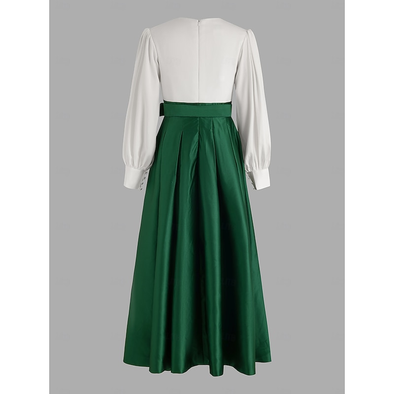 A-Line Evening Gown High Split Dress Formal Wedding Guest Floor Length Long Sleeve V Neck Belt / Sash Satin with Pleats Slit3