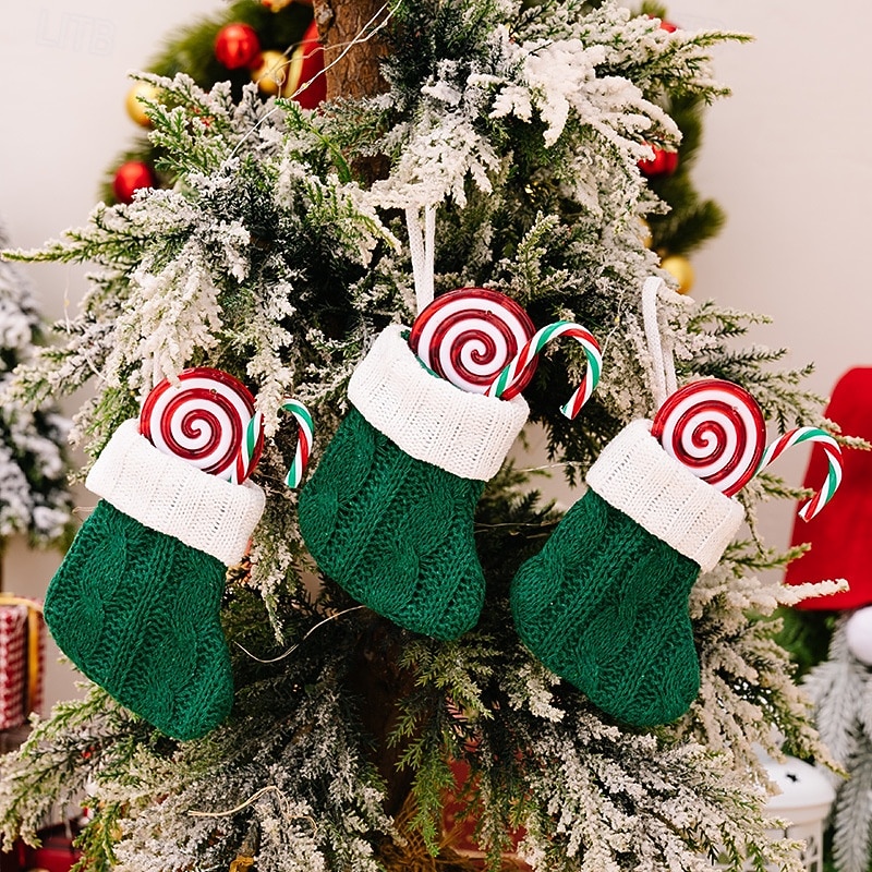 1PC Christmas Green Knitted Mini Stocking Ornaments, Xmas Party Small Christmas Tree Hanging Socks3