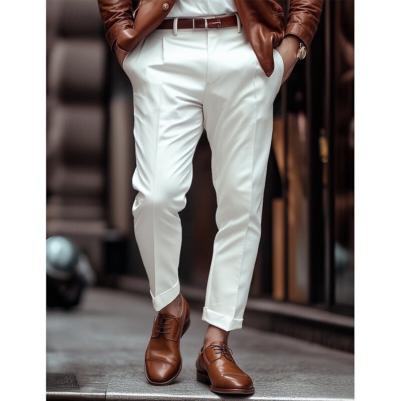 Men's Trousers Dress Pants Slacks Pleated Pants Suit Pants Zipper Pocket Buttons Plain Comfort Soft Full Length Wedding Business Casual Fashion Streetwear Black White