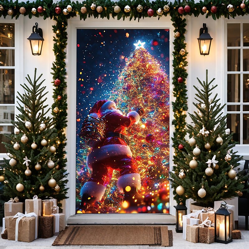 Christmas Door Decorations Door Covers Xmas Tree Door Tapestry Door Curtain Decoration Backdrop Door Banner for Front Door Farmhouse Holiday Party Decor Supplies Indoor/Outdoor4