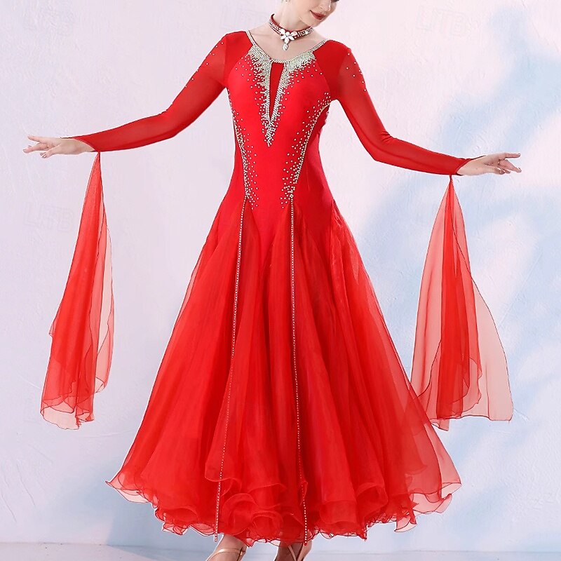 Ballroom Dance Dress Crystals / Rhinestones Women's Performance Training Long Sleeve Spandex4