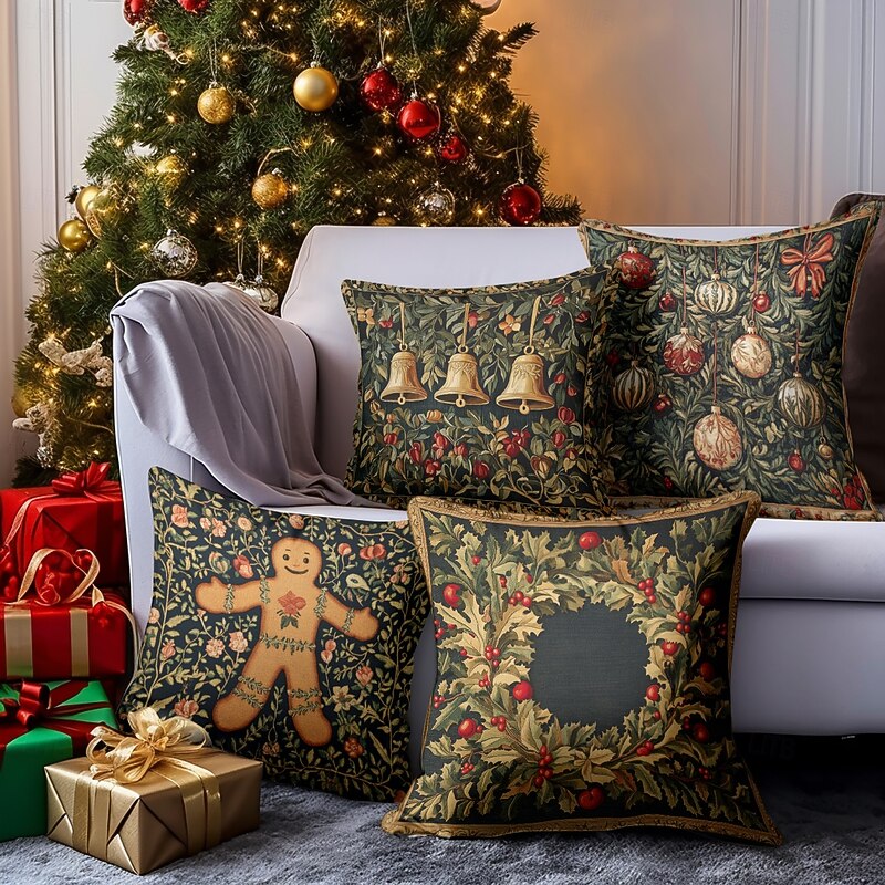 Christmas Decorations Decorative Toss Pillows Cover 1PC Holly Gingerbread Soft Square Cushion Case Pillowcase for Bedroom Livingroom Sofa Couch Chair