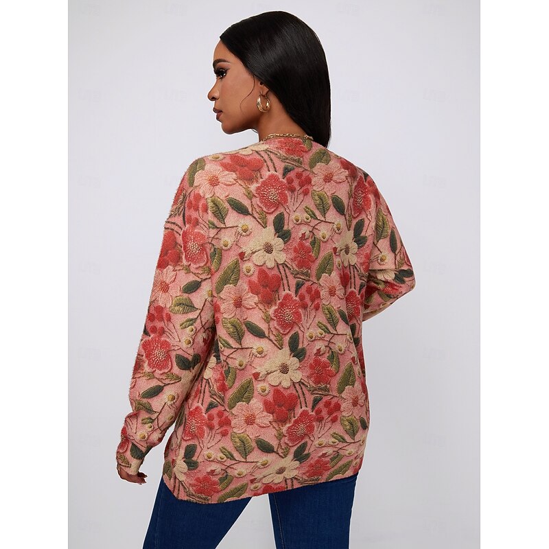 Women's Sweater Fashion Streetwear Casual Floral Graphic Crew Neck Digital print Long Sleeve Regular Tops Knit Outdoor Red Fall Winter3