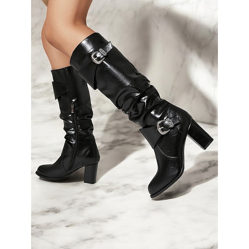Women's Black Knee-High Chunky Heel Boots with Buckle Straps - Stylish Faux Leather Slouch Boots for Fall and Winter Casual Wear3