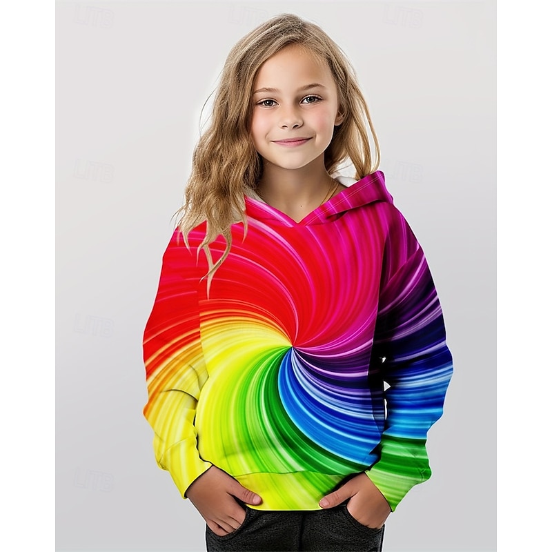 Girls' 3D Graphic Rainbow Hoodie Long Sleeve Fall Winter Fashion Adorable Basic Kids 4-12 Years Hooded Outdoor Casual Daily Regular Fit