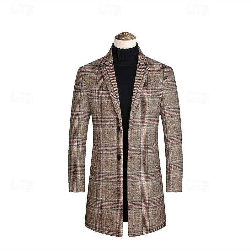 Men's Wool Coat Overcoat Trench Coat Long Trench Coat Daily Vacation Fall & Winter Polyester Thermal Warm Windproof Outerwear Clothing Apparel Fashion Classic Plaid Pocket Lapel Single Breasted 13