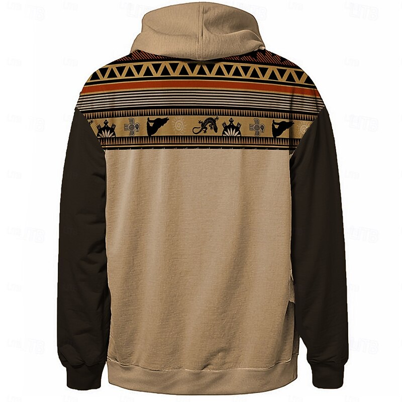 Men's Folk Hoodie Hoodies Sweatshirt Ethnic Casual Long Sleeve Hooded Holiday Streetwear Brown Print Front Pocket Spring &  Fall Designer2