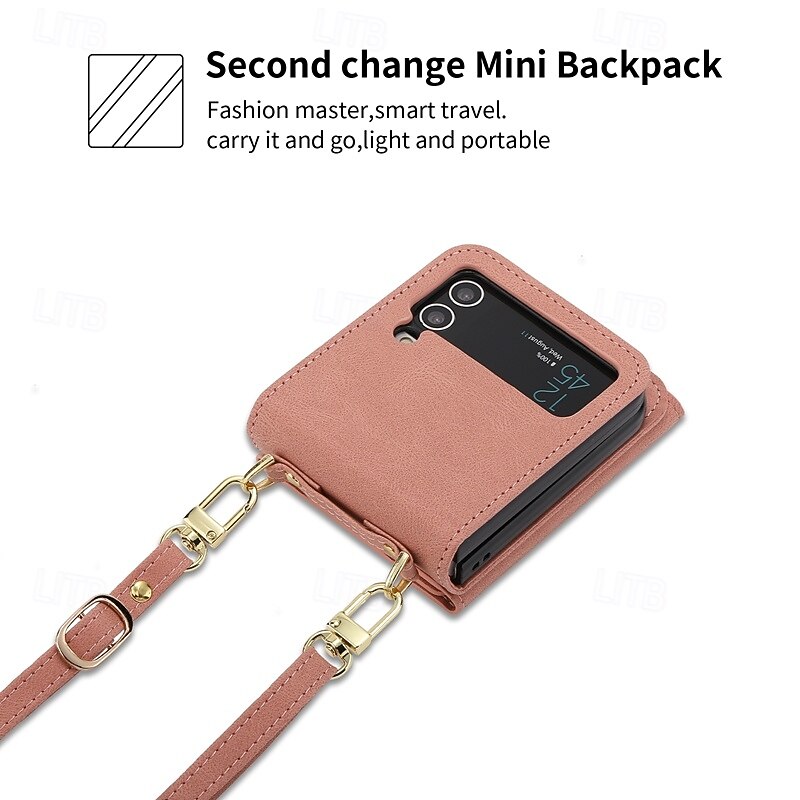 Phone Case For Z Flip 6 Z Flip 5 Z Flip 4 Z Flip 3 Back Cover with Stand Holder Zipper with Lanyard Retro TPU PU Leather2