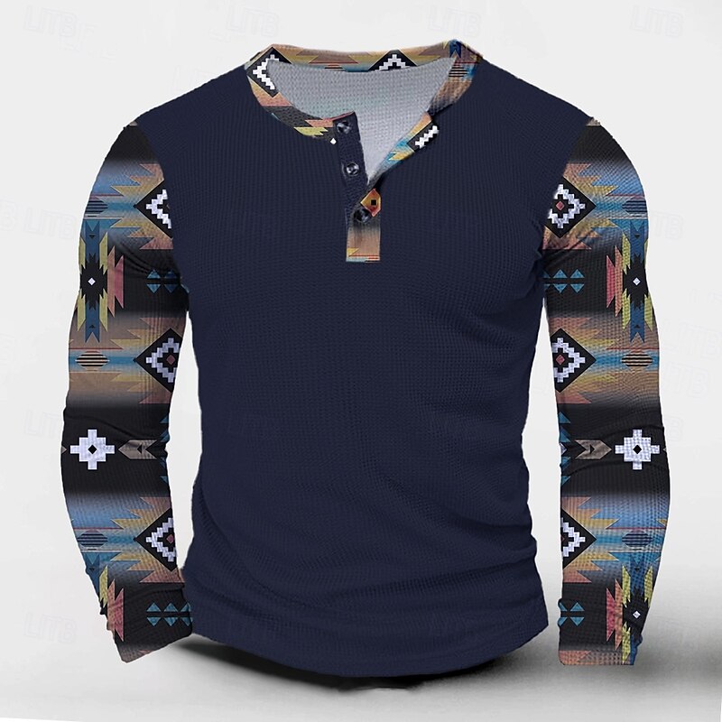 Men's New Year Checked print Henley Shirt Long Sleeve 3D Printing Casual Party Street Casual Winter Spring &  Fall Navy Blue Henley Henley T-Shirt