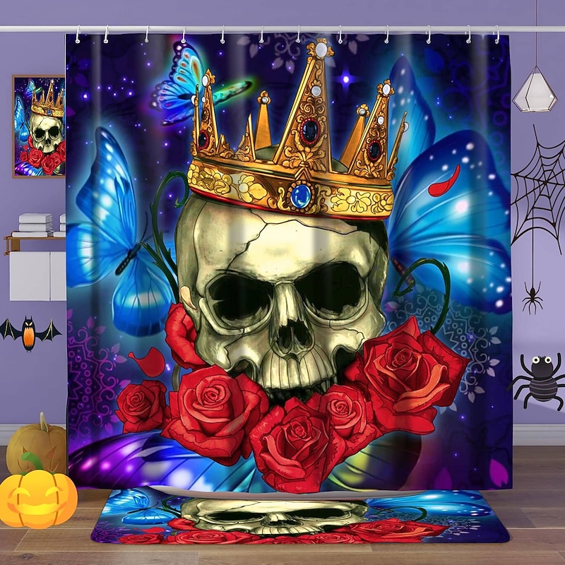 Halloween Shower Curtain with Hooks for Bathroom Skull Shower Curtain  Bathroom Decor Set Polyester Waterproof 12 Pack Plastic Hooks Skull Heads4