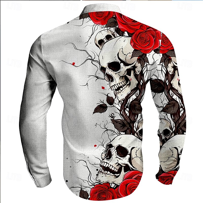 Men's Halloween Costumes Day of the Dead Rose Button Up Shirt Long Sleeve Horror Dark Vacation Party Evening Wear Daily Summer Spring &  Fall Grandad Collar Band Collar 3D Print Rose+Black Violet Red2