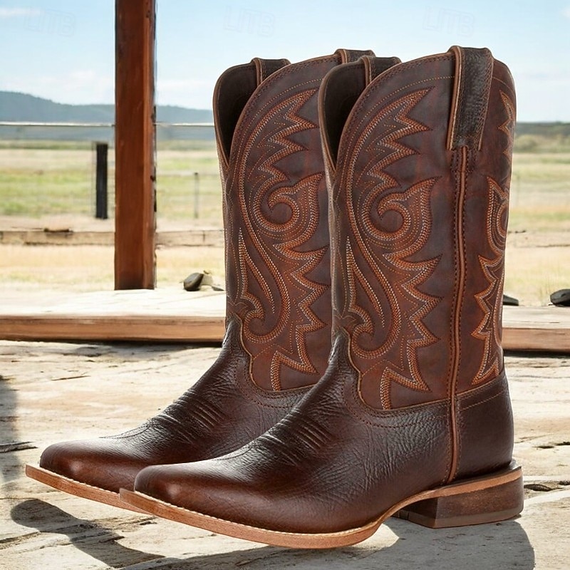 Men's Brown Western Cowboy Boots – Faux Leather with Intricate Embroidery, Classic Square Toe and Stacked Heel for Rodeo and Everyday Wear