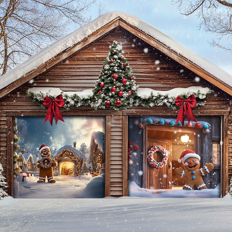Christmas Door Decorations Outdoor Garage Door Cover Xmas Banner Gingerbread Man Large Christmas Backdrop for Holiday Outdoor Garage Door Home Wall Decorations4