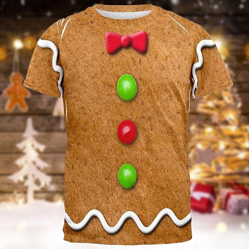 Christmas Men's Christmas Costume 3D T-shirts Graphic Gingerbread Daily Designer Retro Vintage 3D Print Tee Sports Outdoor Holiday Going out Brown Short Sleeve Crew Neck Spring & Summer Clothing2
