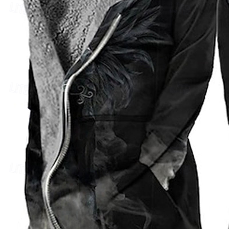 Men's Soldier Winter Coat Fleece Jacket Coat Comfortable Warm Breathable Vintage Abstract Gothic Sports & Outdoor Daily Wear Going out Zipper Pocket Print Fall & Winter Hoodie Long Sleeve Black3