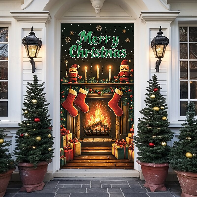 Christmas Door Decorations Door Covers Fireplace Xmas Door Tapestry Door Curtain Decoration Backdrop Indoor/Outdoor Door Banner for Front Door Farmhouse4