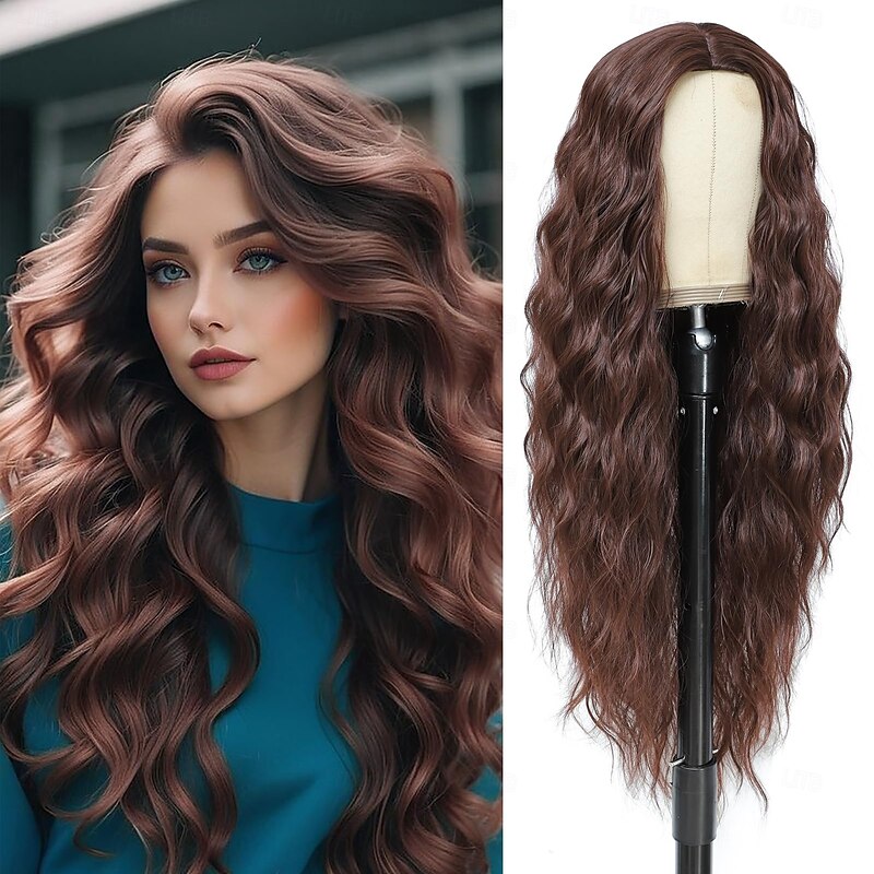 Chocolate Brown Wigs for Women 30 Inch Long Wavy Wig Glueless Middle Part Curly Wavy Wigs Natural Looking Heat Resistant Synthetic Wig for Halloween Christmas Daily Cosplay Party Use