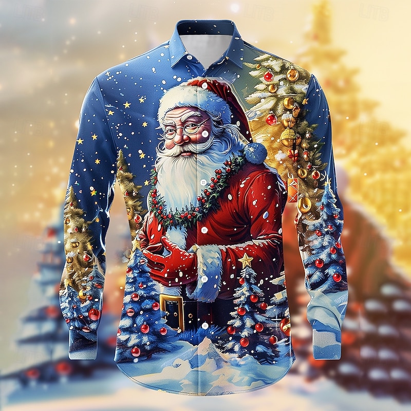 Christmas Men's Santa Claus Printed Shirts Santa Claus Casual Button Up Long Sleeve Party Evening Daily Fall Winter Spring & Summer Collar Button Up 3D Print Thin Blue Polyester
