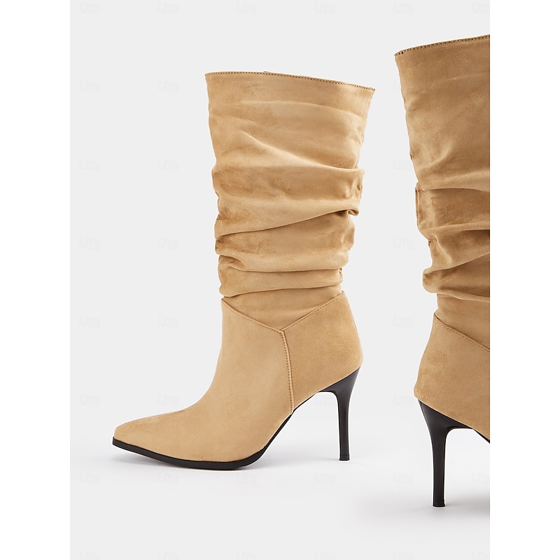 Women's Tan Suede Slouchy Knee-High Boots with Stiletto Heels and Pointed Toe, Stylish Fall and Winter Footwear for Casual and Evening Wear4